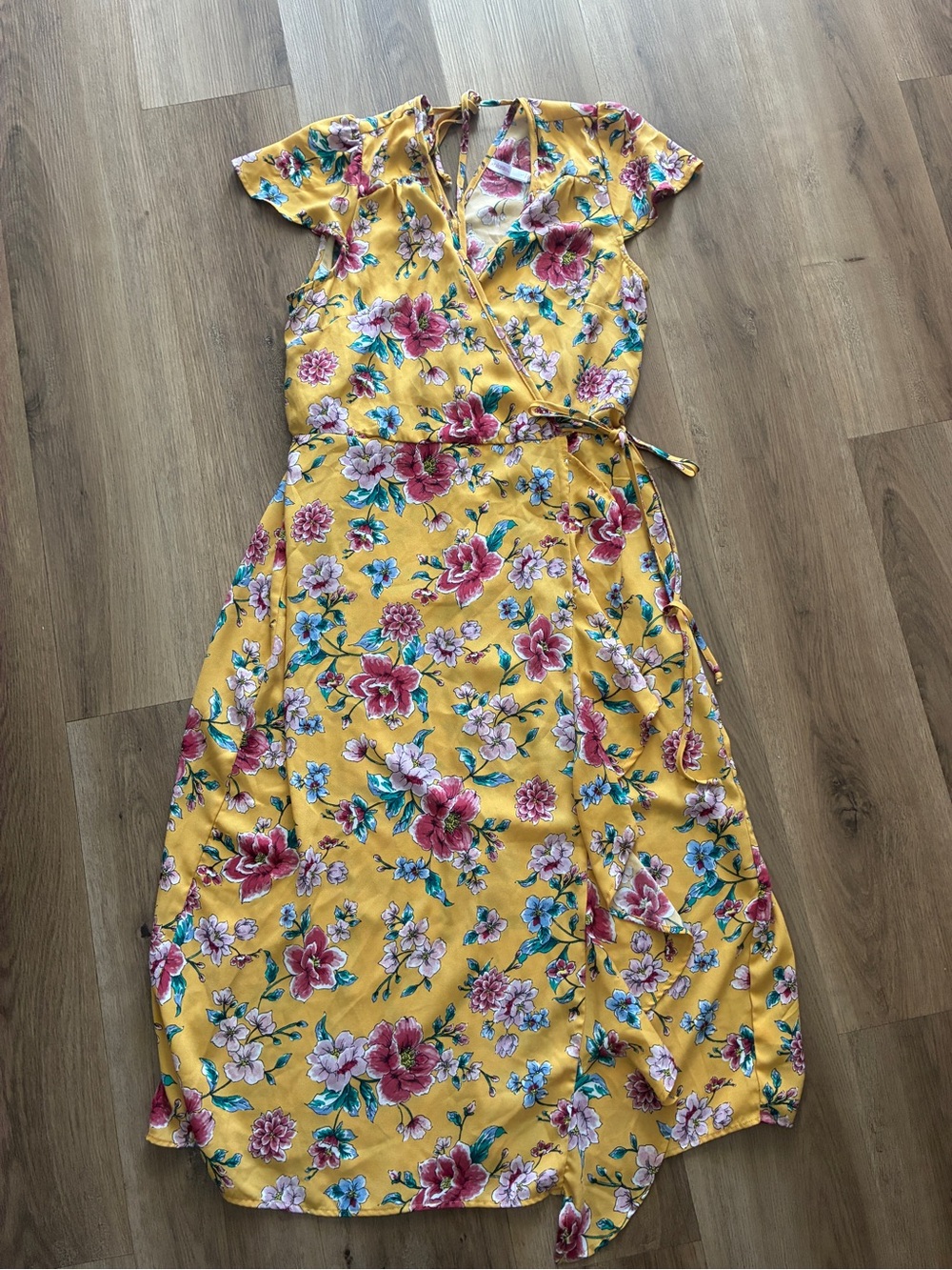 Xhilaration Mustard Yellow Floral Cold-Shoulder Wrap Maxi Dress Size Large
